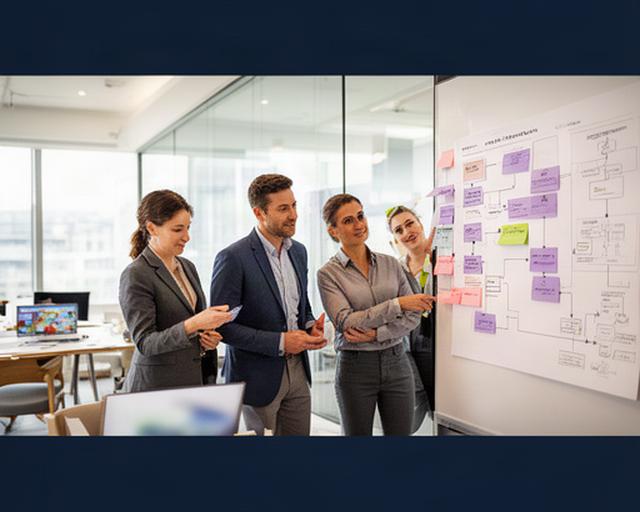 Equipo de trabajo colaborando ante un tablero kanban y un mapa de procesos en una oficina luminosa