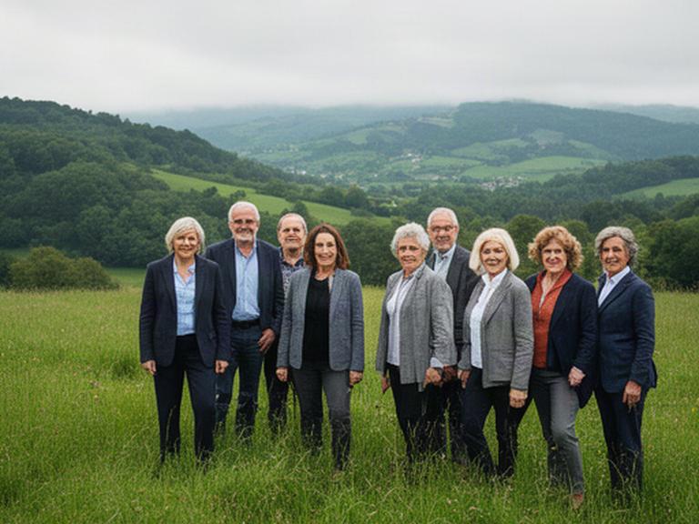 Equipo de consultoría reunido en un prado de Candamo, Asturias, junto a un paisaje verde