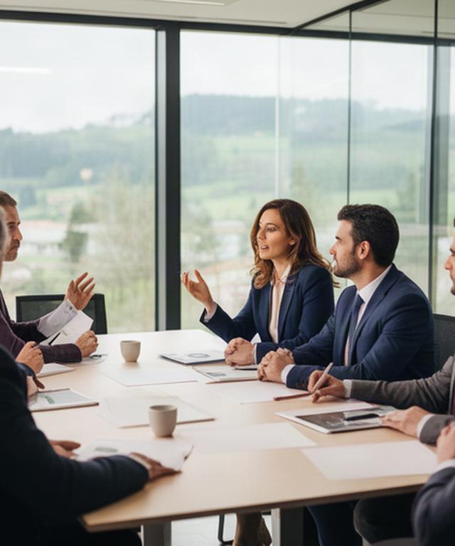 Equipo consultor reunido con una empresaria en una sala luminosa de Asturias